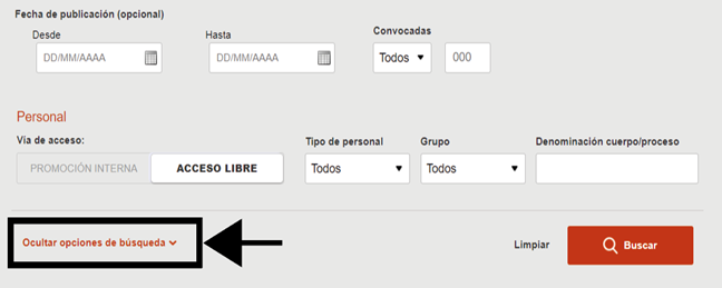 Job applications search engine with an arrow pointing to the box containing the text 'Hide search options'