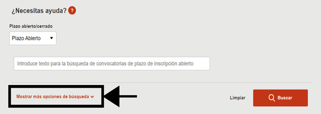 Buscador de convocatorias de empleo con una flecha que señala el recuadro que contiene el texto 'Mostrar opciones de búsqueda'